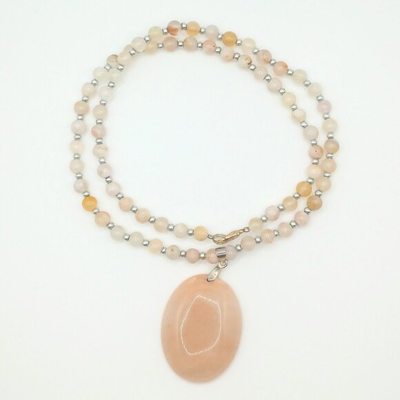 Handmade Jewelry - Pink Flower Agate Handmade 21 Inch Beachy Necklace With Flower Agate Pendant